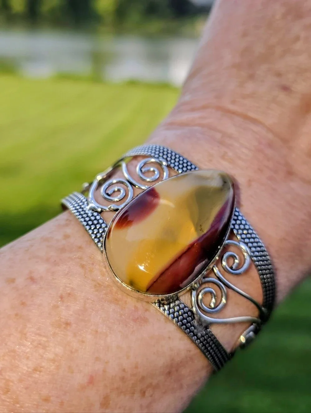 Mookaite Gemstone Cuff Bracelet In 925 Sterling Silver (Adjustable)